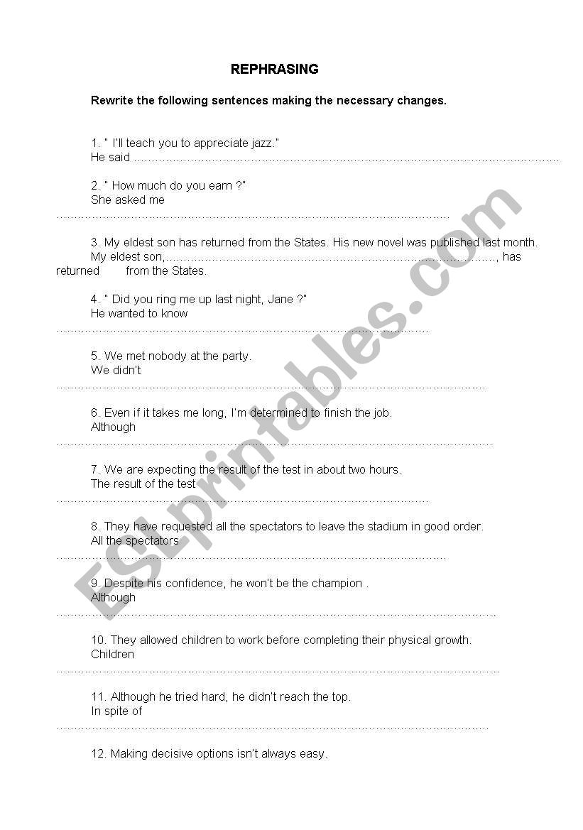 rephrasing worksheet