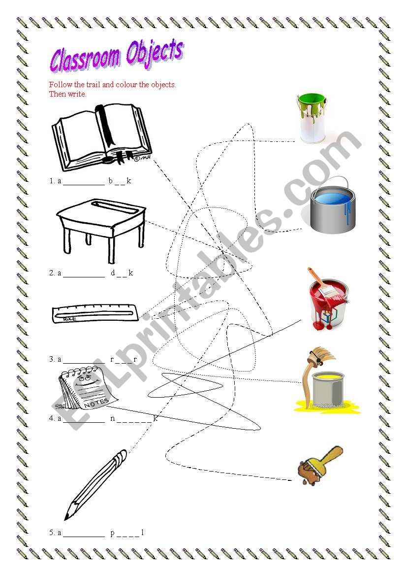 Classroom objects and colours worksheet