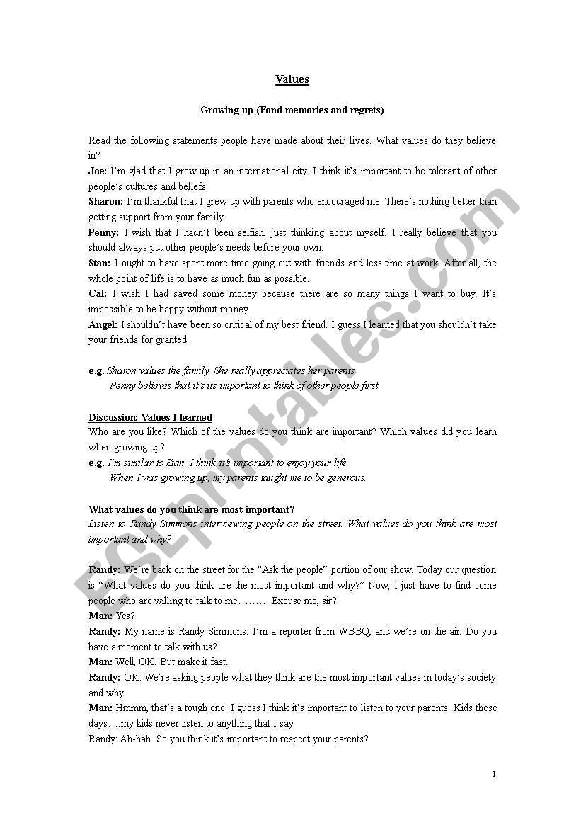 Values worksheet