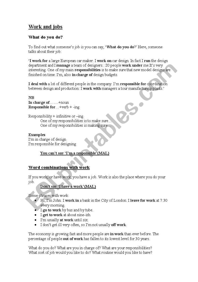 work and jobs worksheet