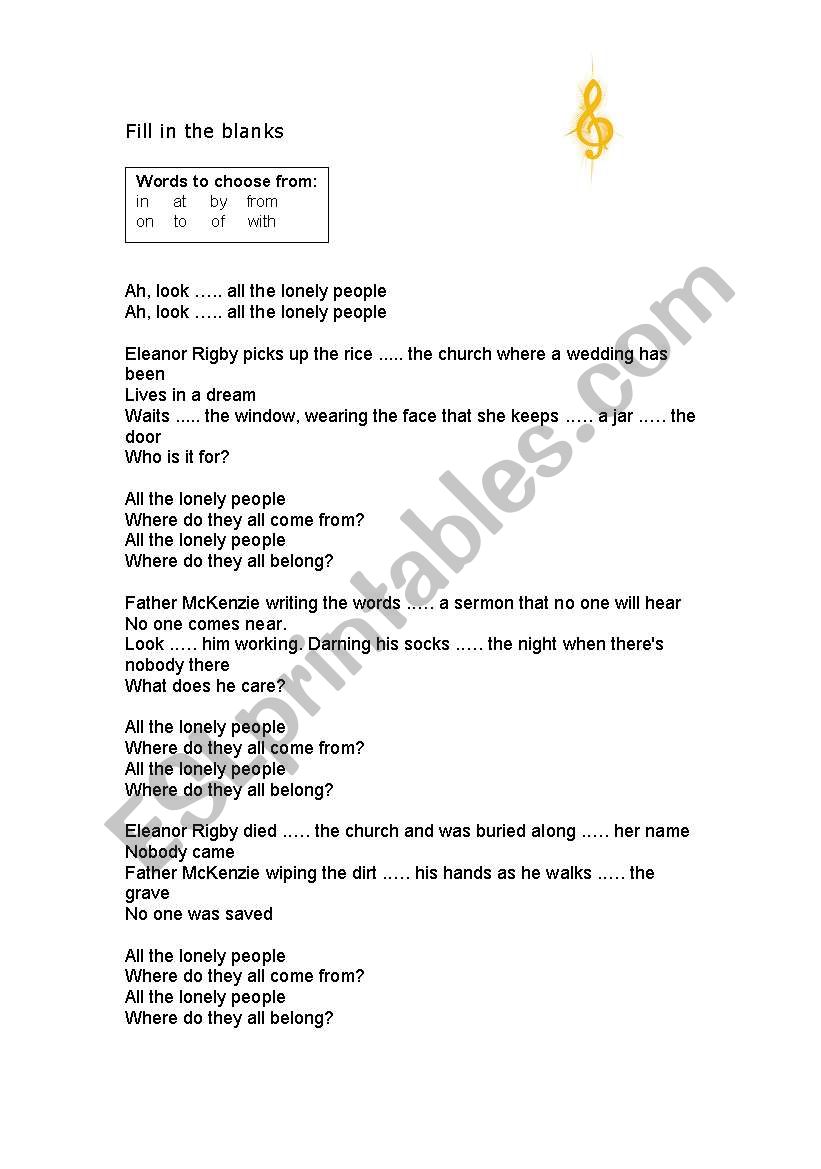 Eleanor Rigby-fill in the prepositions