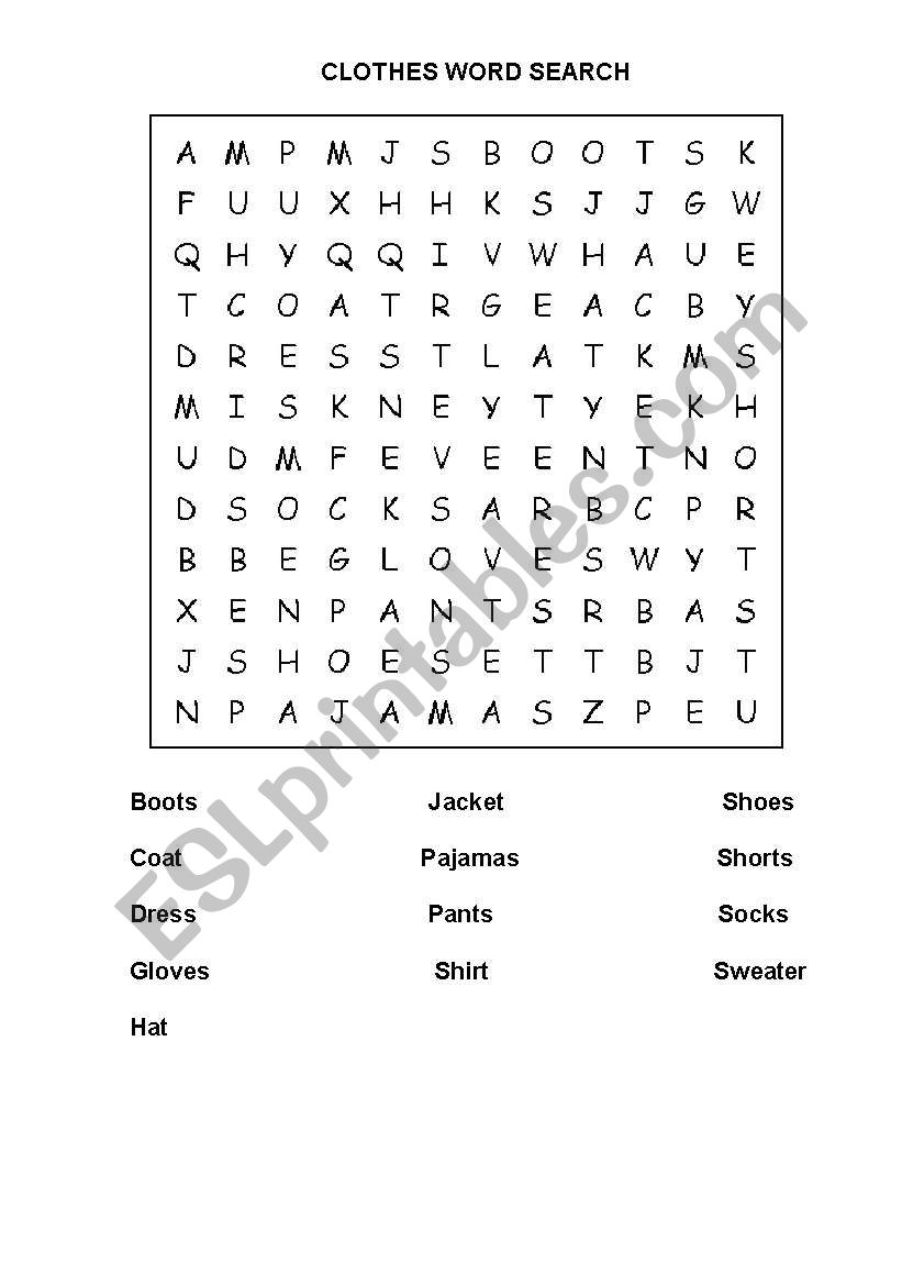 Clothes Word Search worksheet