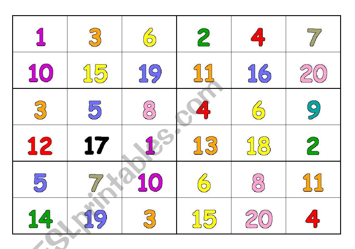 BINGO Numbers 1-20 worksheet