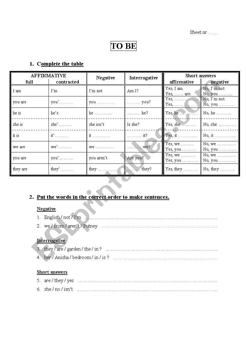 To be worksheet