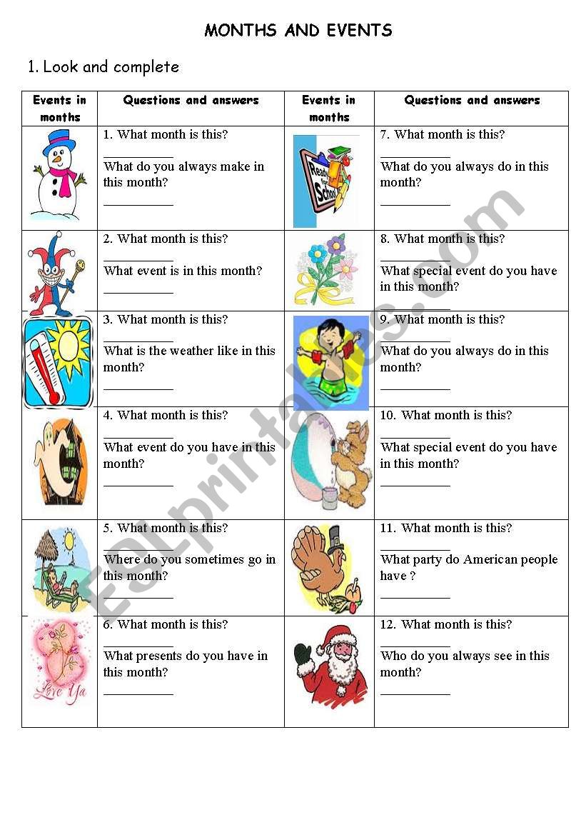 Months, activities and events worksheet