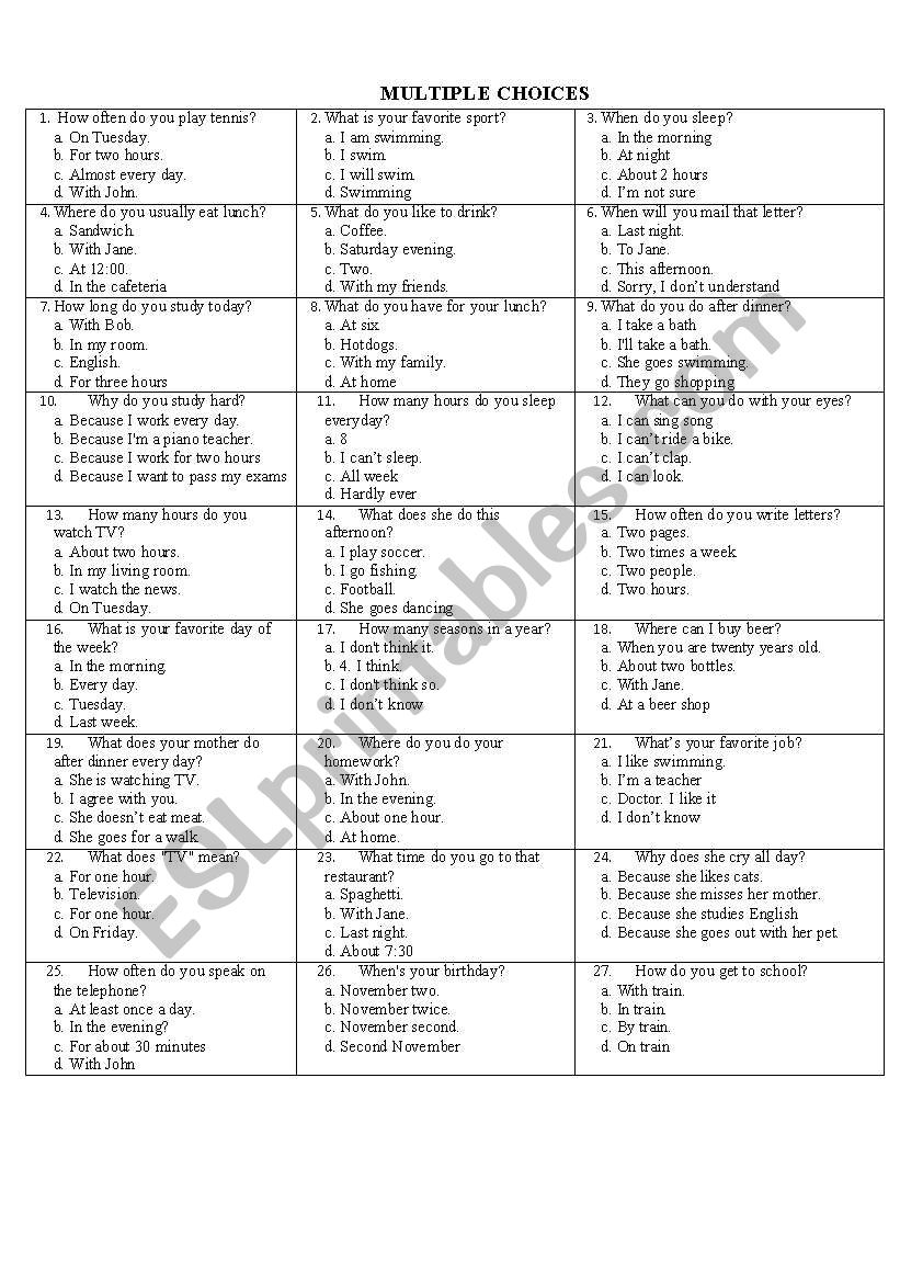 WH question - Multiple choices