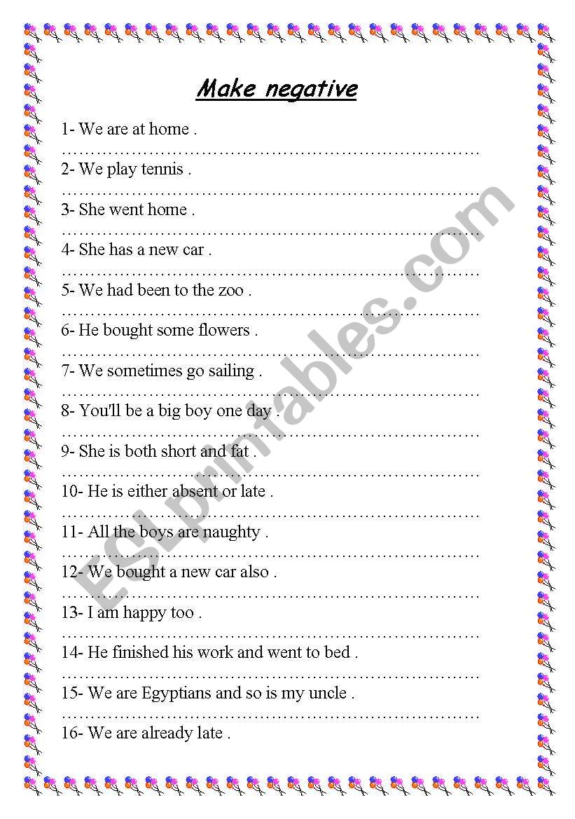 Negation Worksheets English