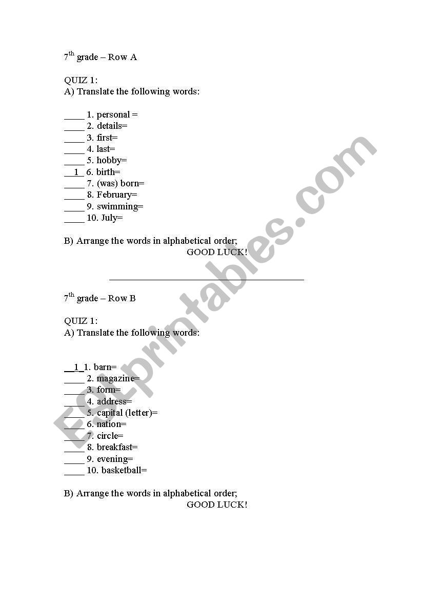 general vocabulary quizes worksheet
