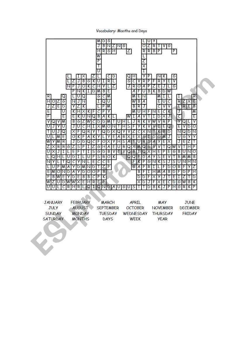 months and days wordshearch worksheet