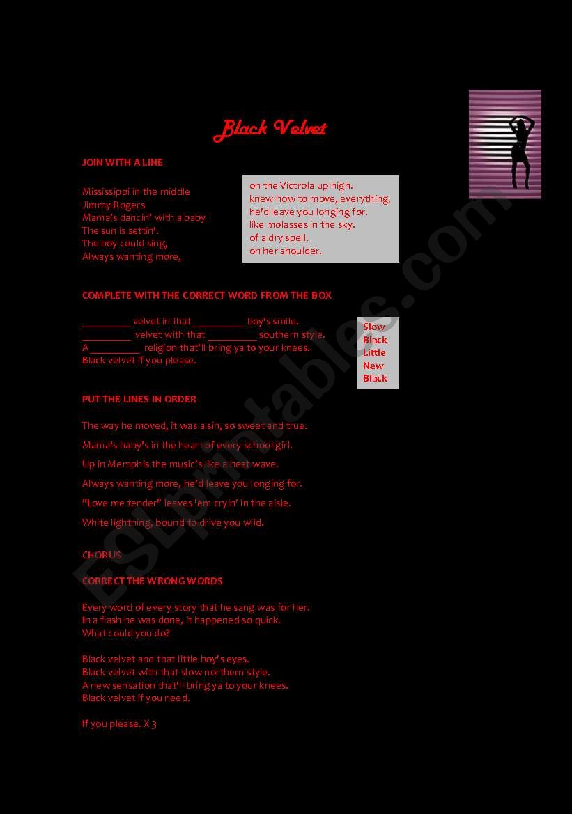 BLACK VELVET- BONNIE TYLER worksheet