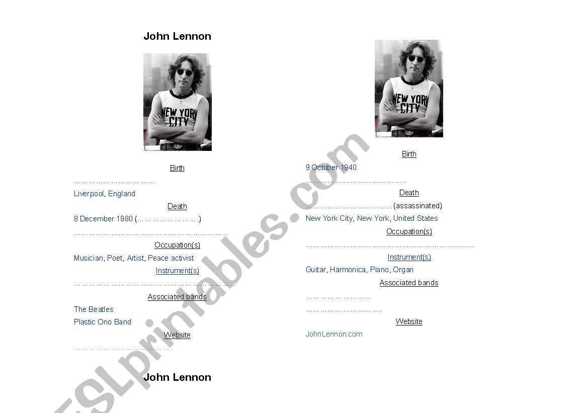 John Lennon worksheet