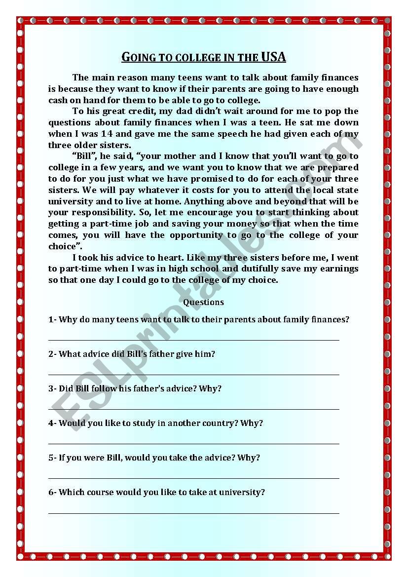 Reading Comprehension  Going to college in the USA