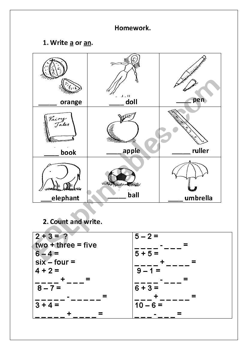 A/an, numbers 1-10 worksheet