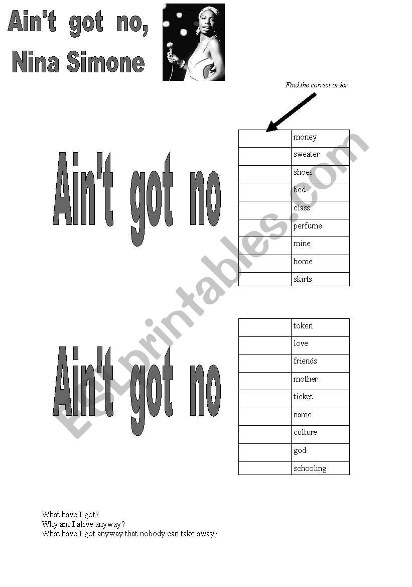 Aint Got No, Nina Simone worksheet