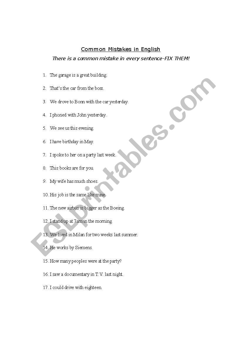 Common mistakes in English worksheet