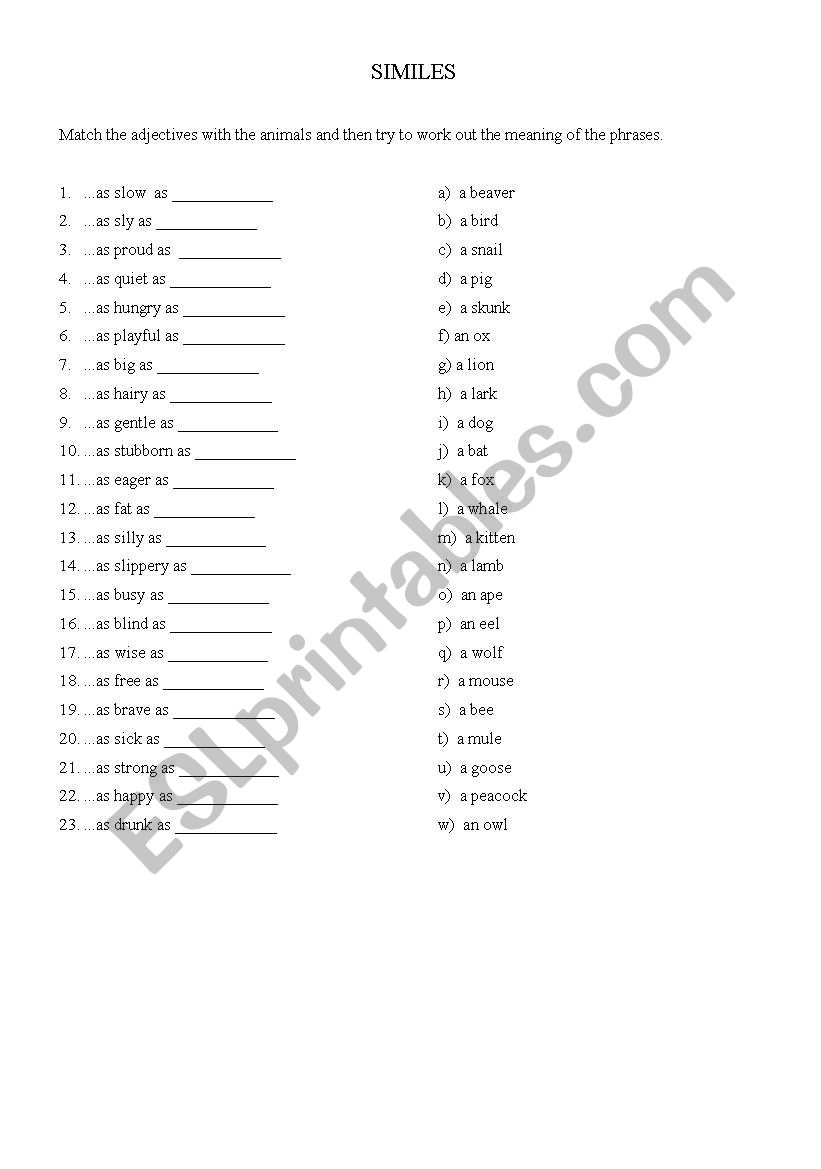 Animal Similes worksheet