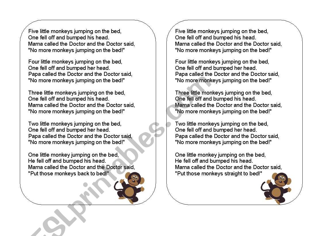 5 Little Monkeys Jumping on the Bed (Lyrics, Flashcards and Activity)
