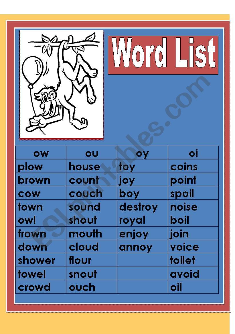 Word list ow, ou, oy, oi worksheet