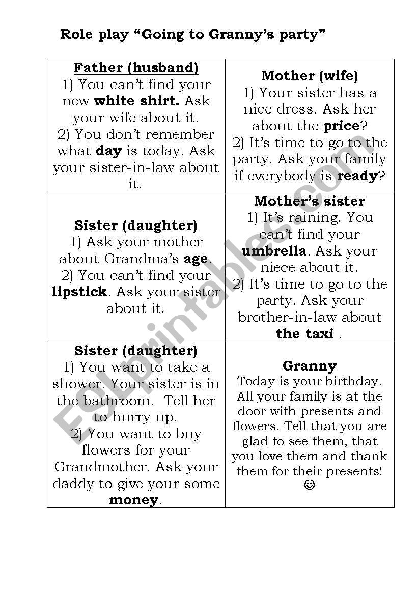 family role play worksheet