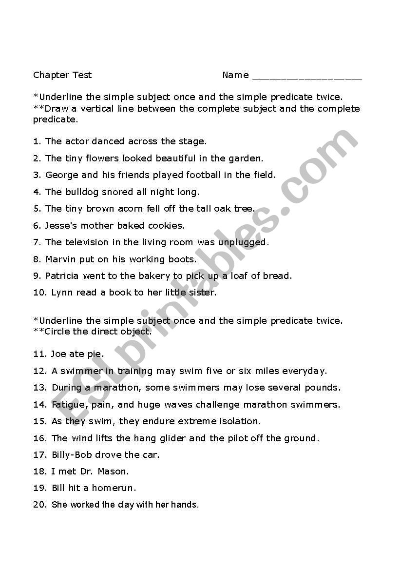 English Worksheets Sentence Test