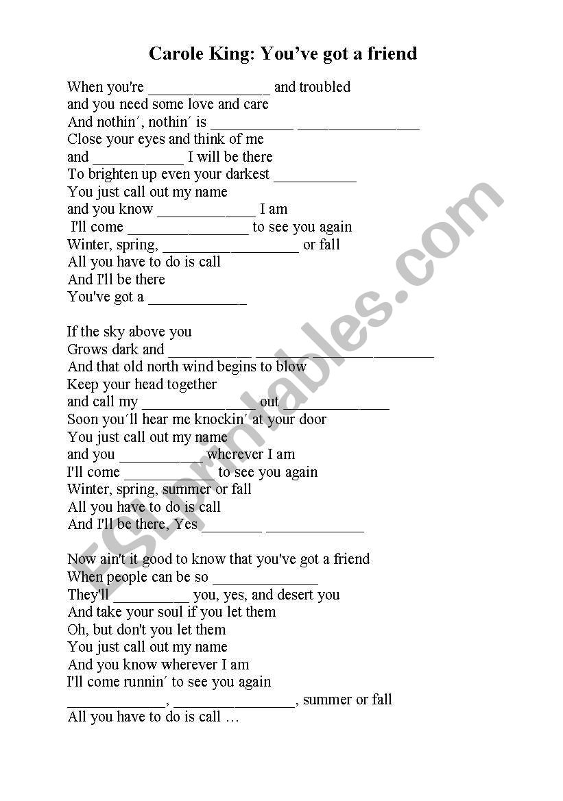 You Ve Got A Friend Song Lyrics Esl Worksheet By Tabse