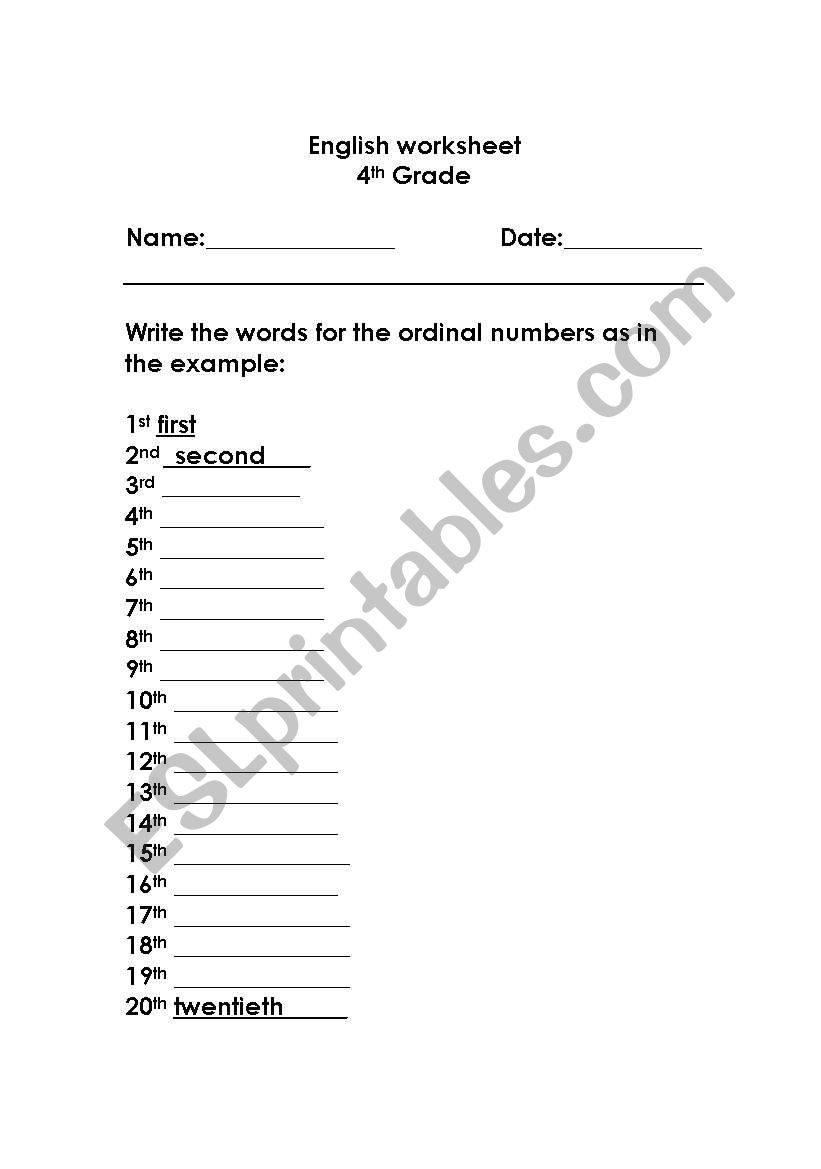 ordinal numbers worksheet