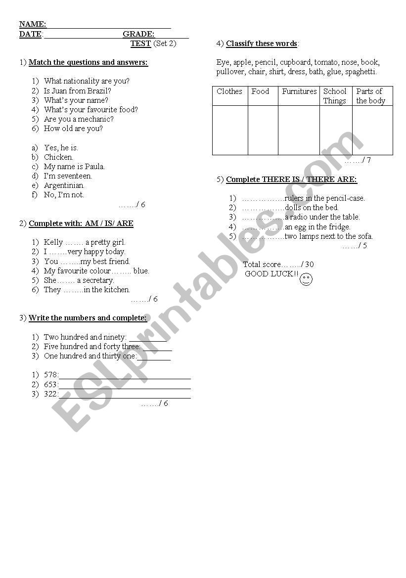 test worksheet