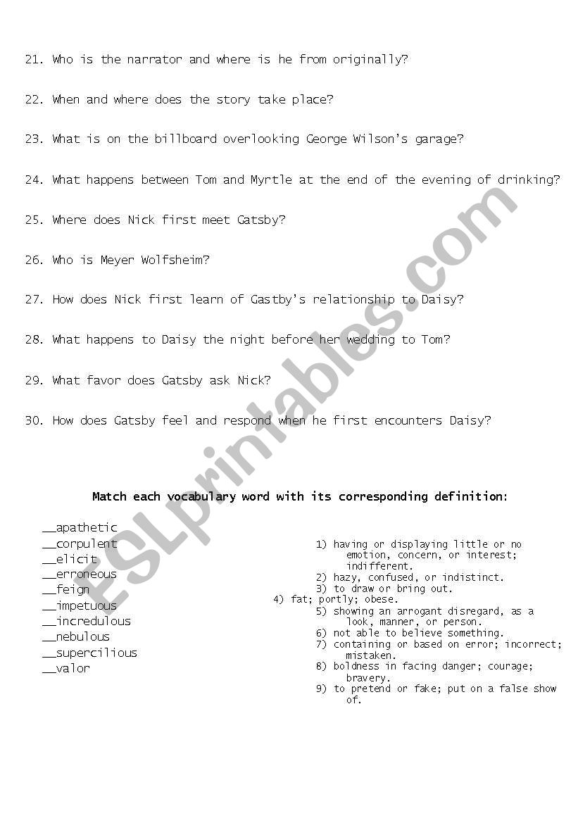 Great Gatsby Quiz worksheet