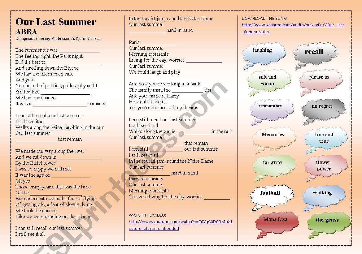 SONG: ABBA - Our Last Summer worksheet