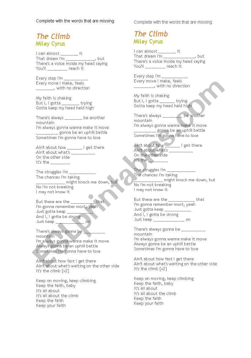 The Climb - Miley Cyrus worksheet