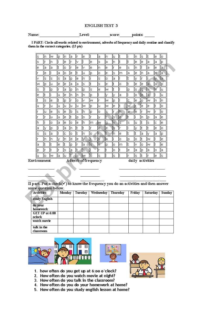 daily activities worksheet