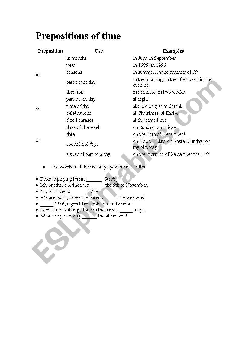 Prepositions of time worksheet