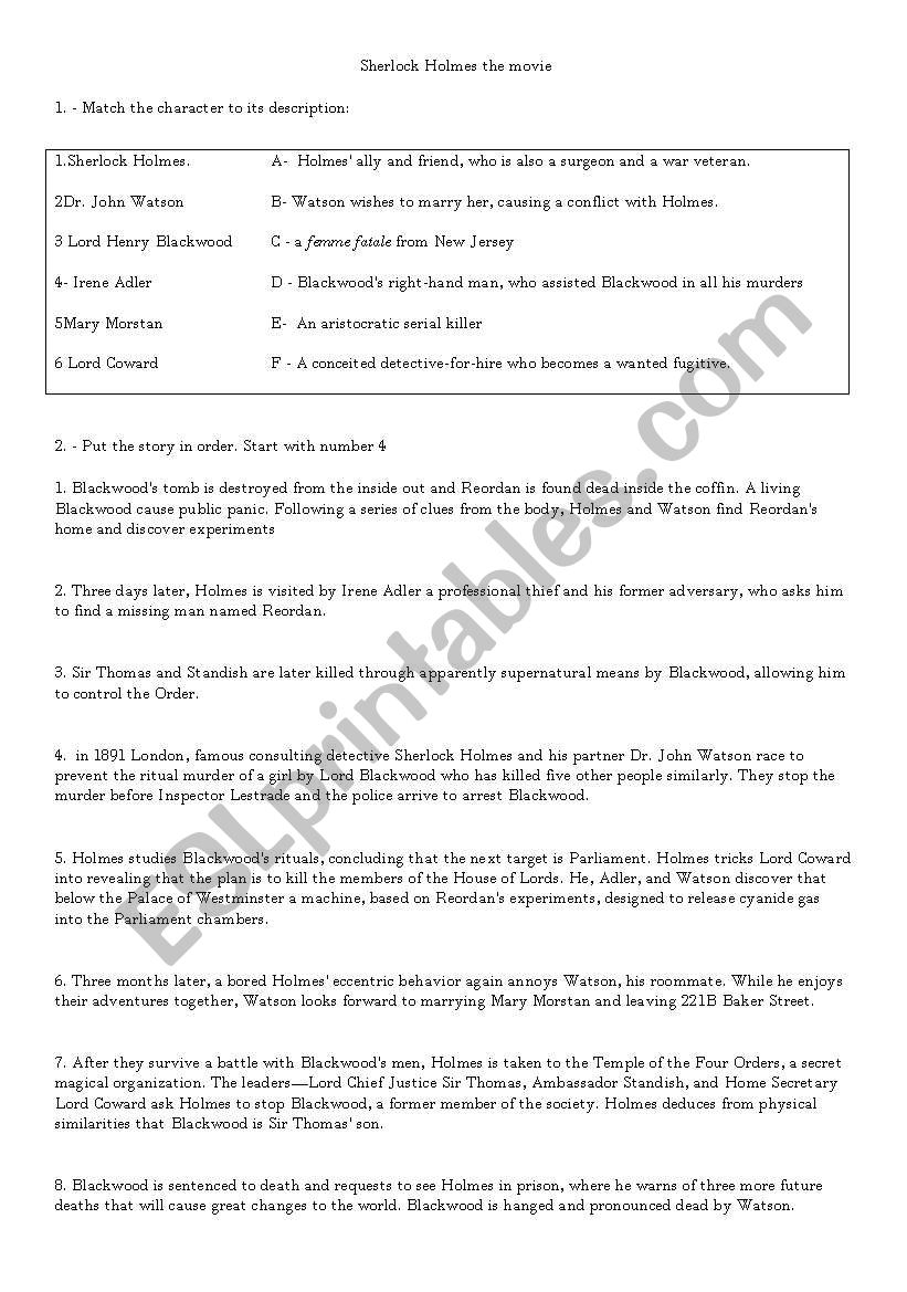 sherlock holmes the movie  worksheet