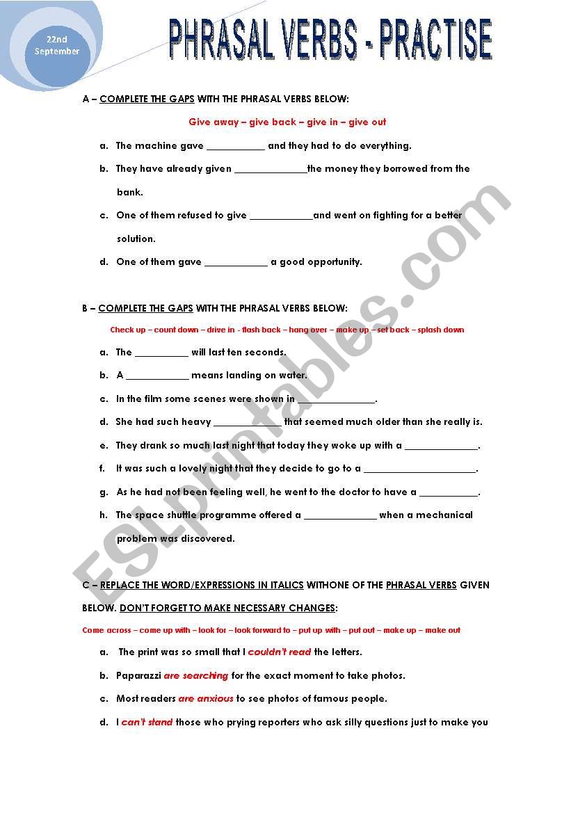 PHRASAL VERS - PRACTISE worksheet