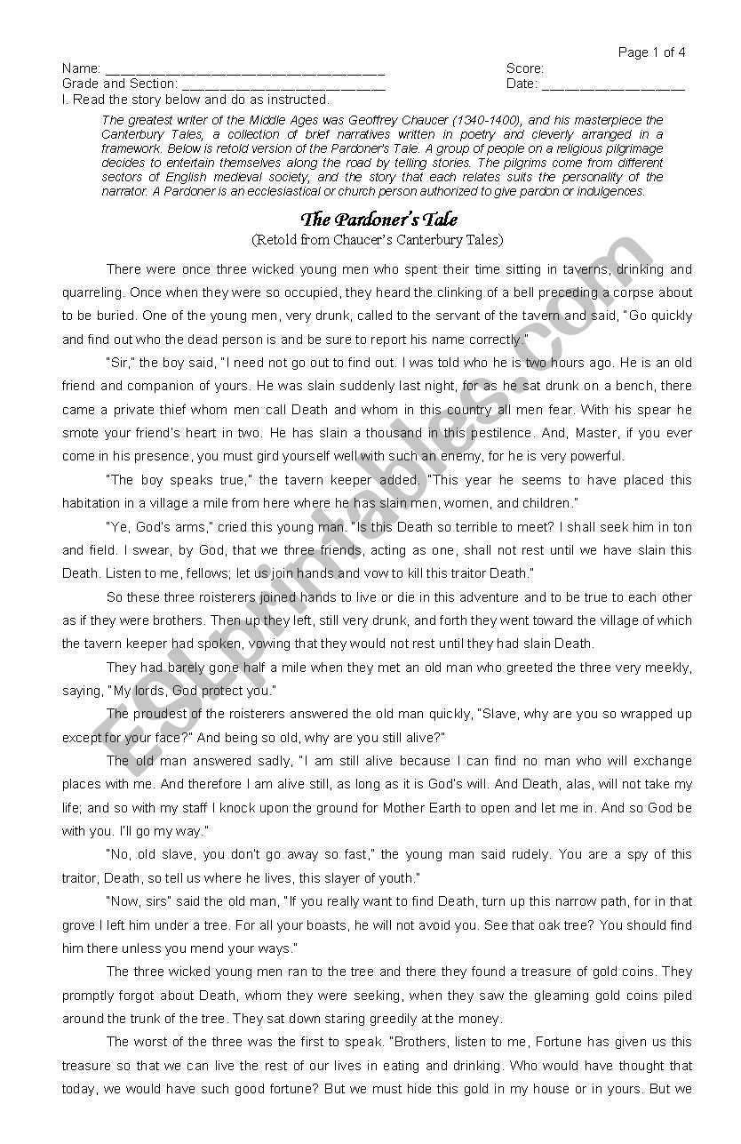 Pardoners Tale Reading Test worksheet