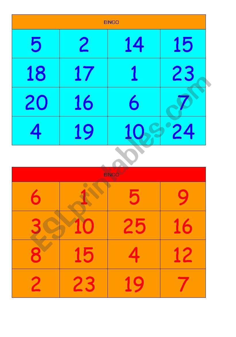 Numbers Bingo Cards worksheet