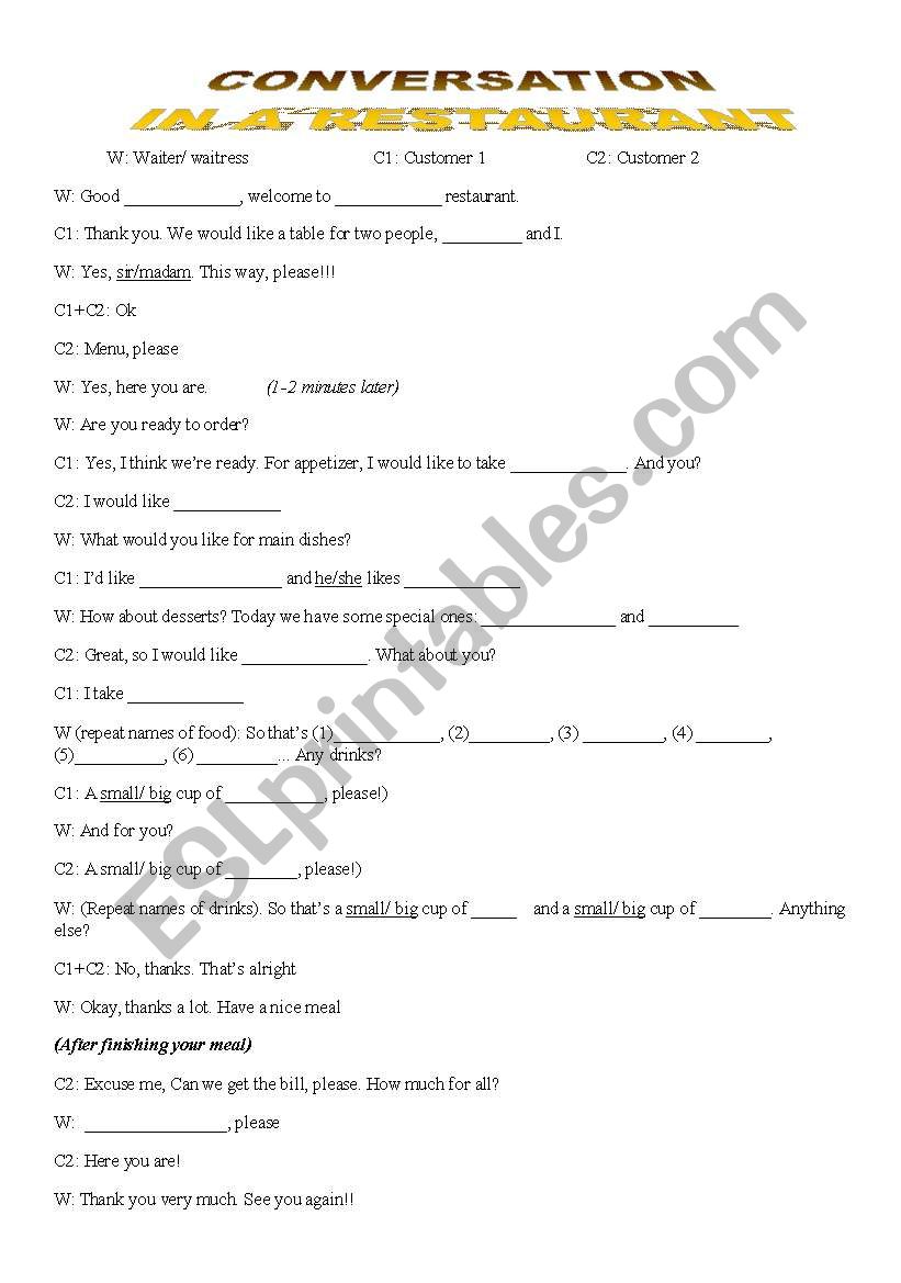 Conversation in a restaurant worksheet