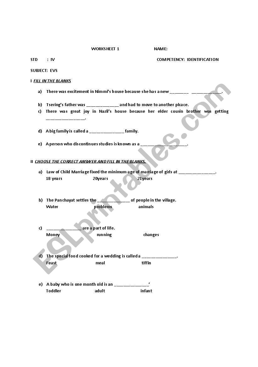 evs worksheet I worksheet