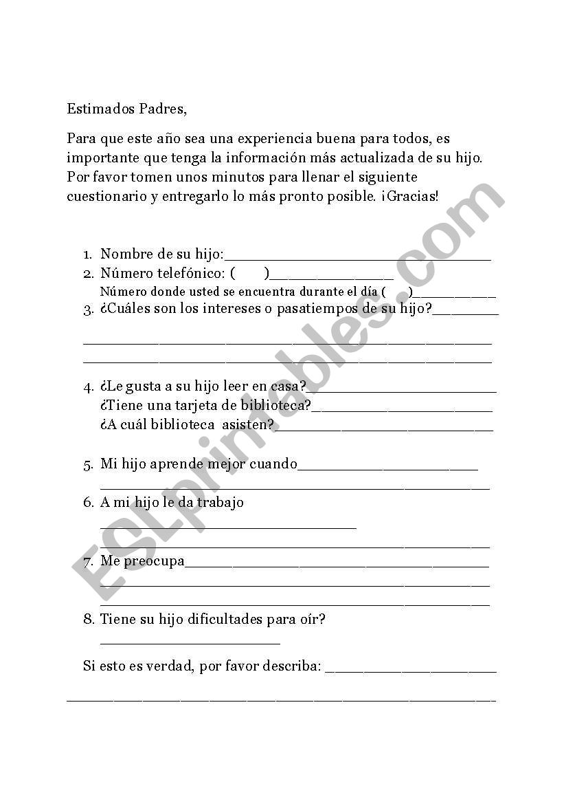 Questinaire for parents worksheet