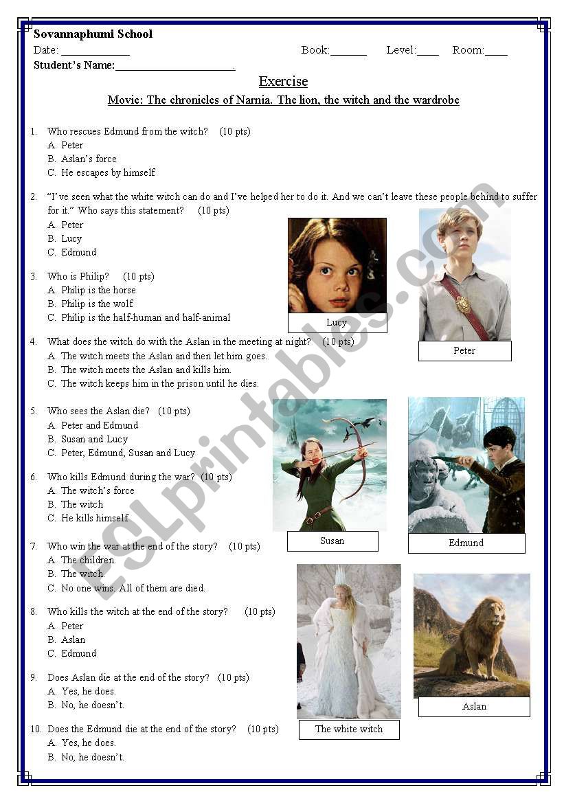 The chronicle of Narnia worksheet