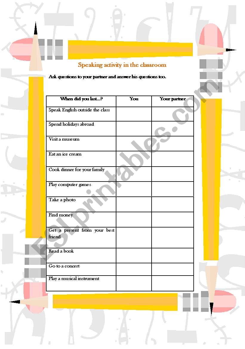 Speaking activity using the simple past