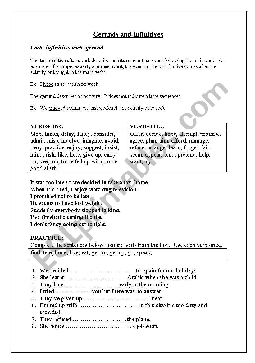 GERUNDS and INFINITIVES worksheet