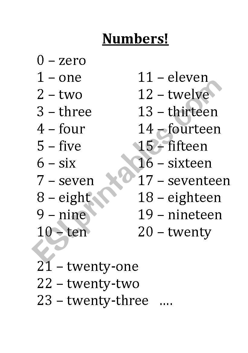 Numbers, spelled out worksheet