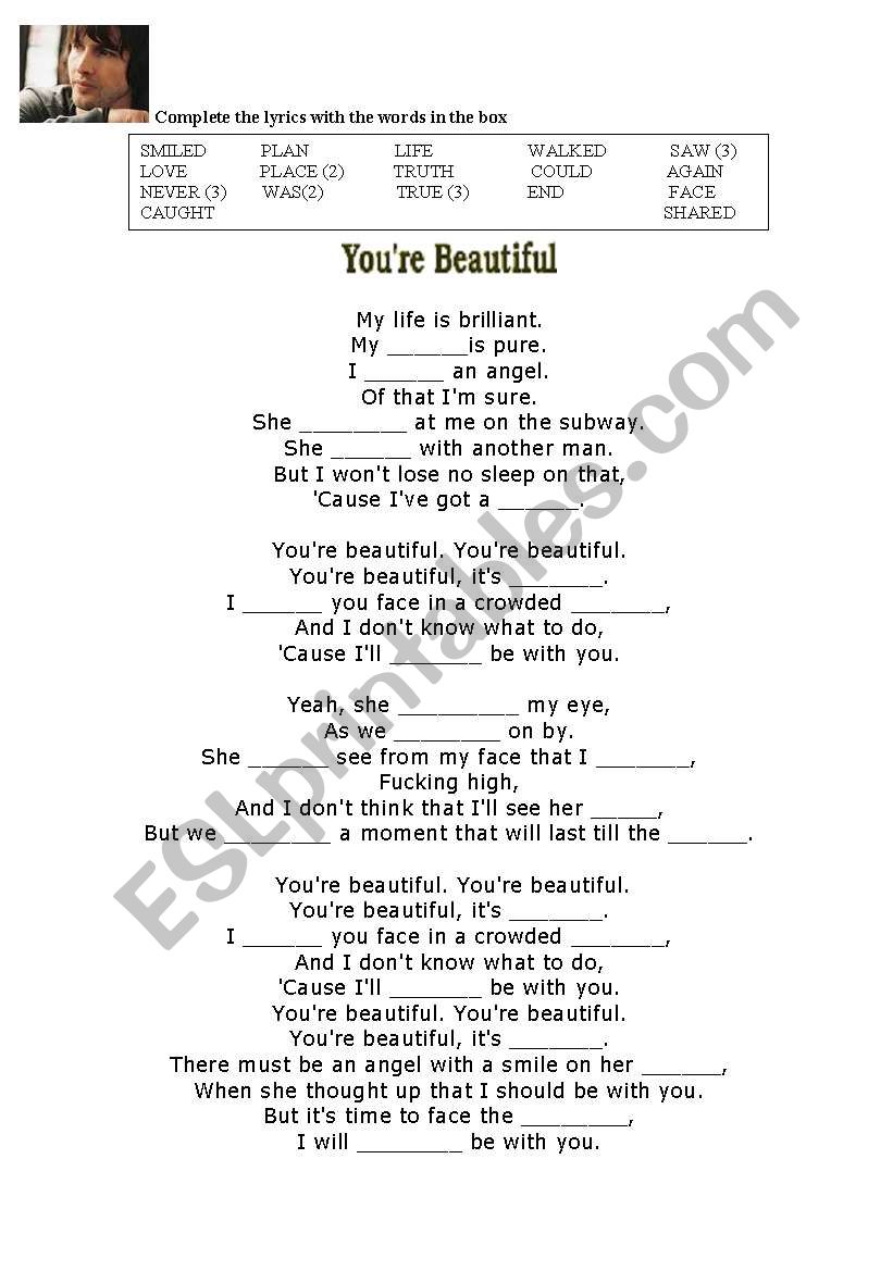 James Blunt You Re Beautiful Esl Worksheet By Silvia367