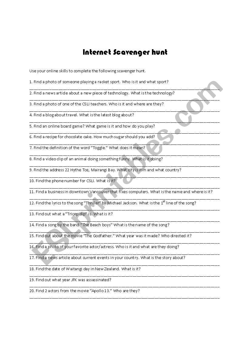 Internet Scavenger Hunt worksheet