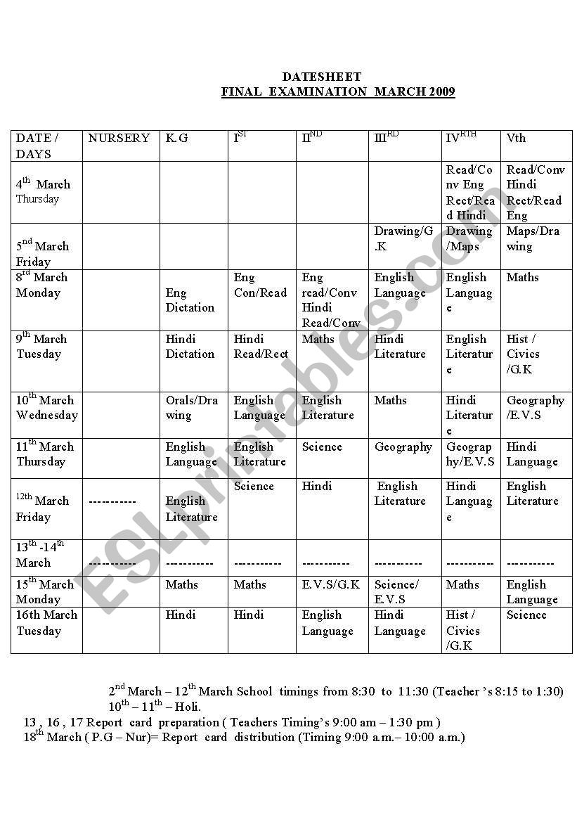 datesheet format worksheet