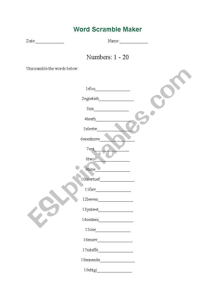 English Worksheets Numbers 1 20
