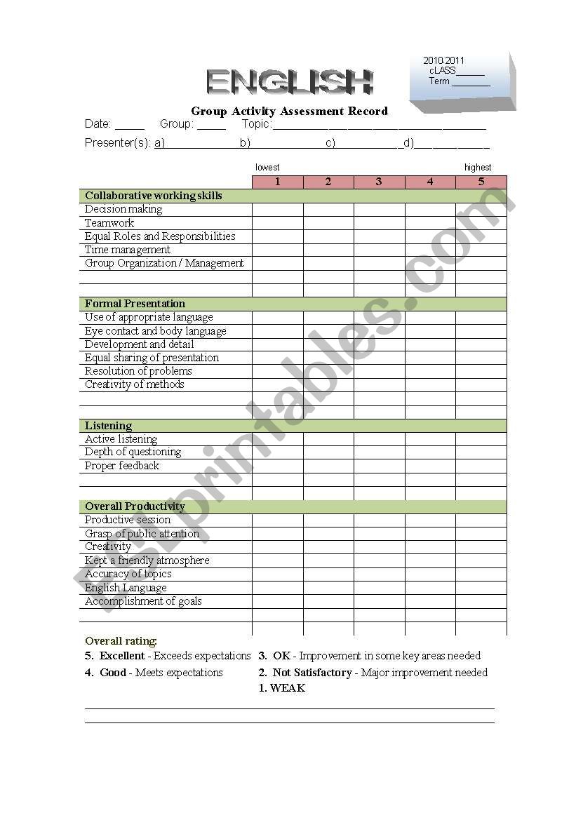 group work assessment worksheet