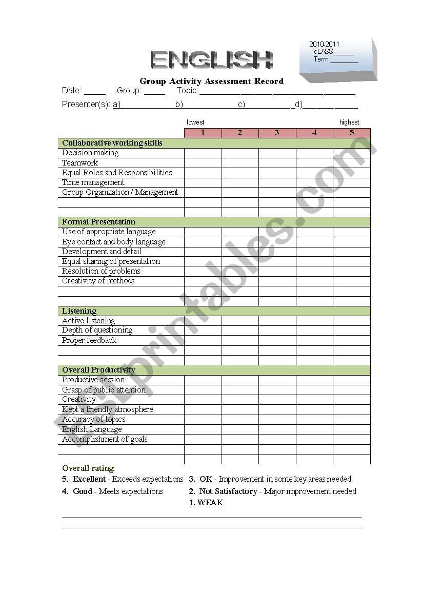 group work assessment worksheet