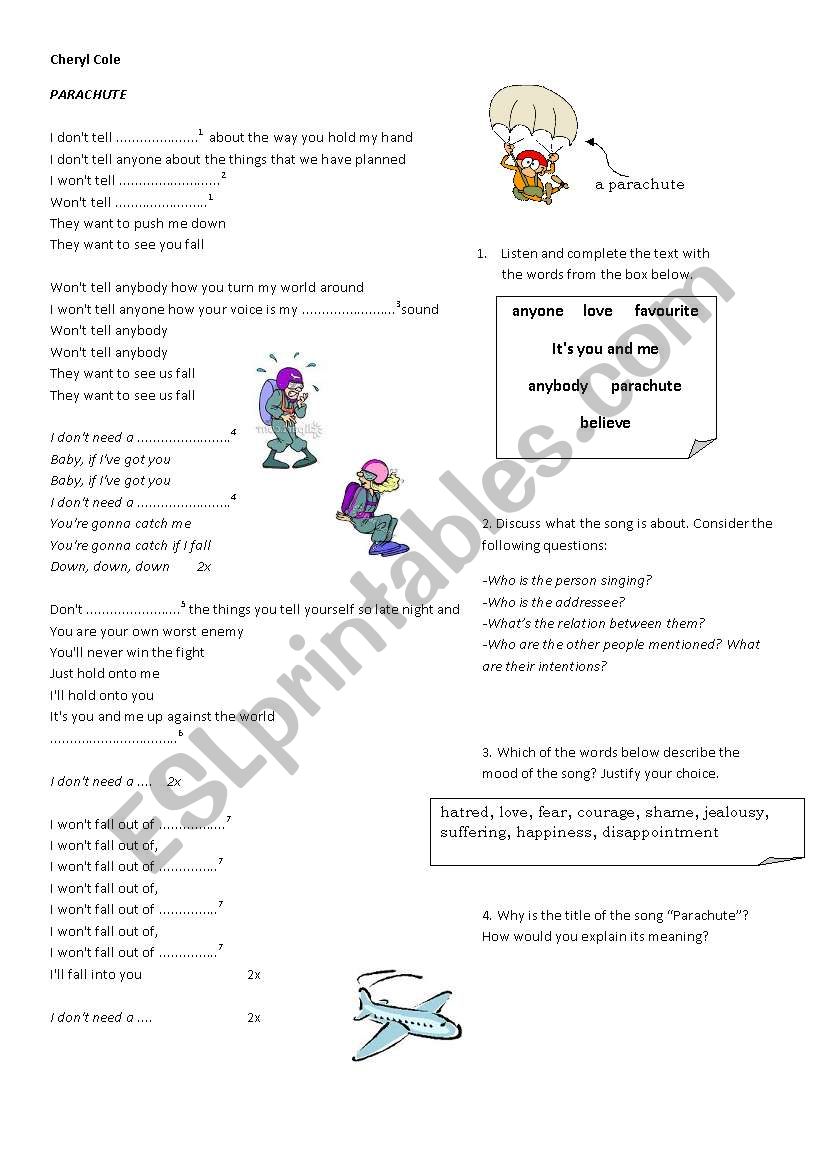 Parachute by Cheryl Cole worksheet